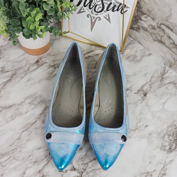 MACIEJKA pumps block heels women's slip-on pointed-toe blue leather size 39 - Picture 2 of 9